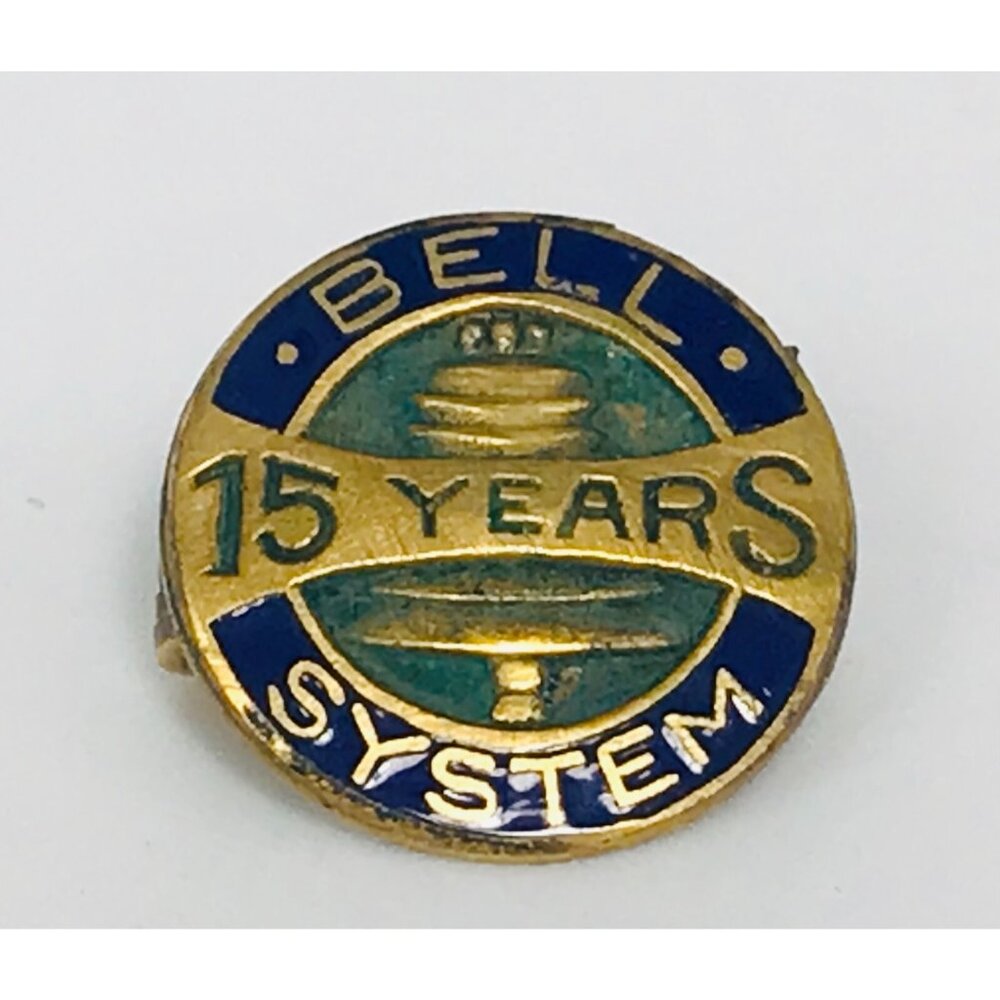 Vintage Bell Phone System 15 Years Employee Award Pin Brass Enamel Telephone Co.
